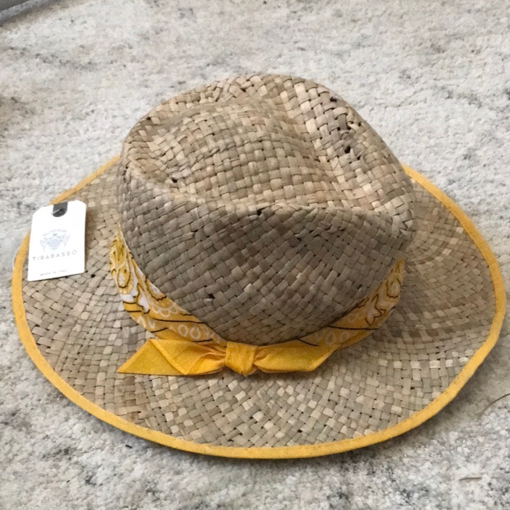 Tirabasso Straw Hat with Butter Yellow Rim and Bandanna Made in Italy New